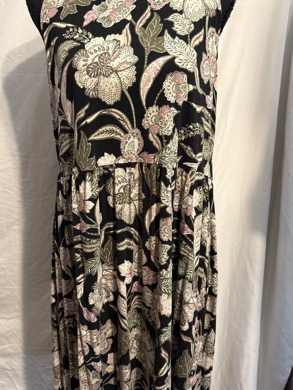 Old Navy Black Floral Midi Dress with Pink and Cream Blooms